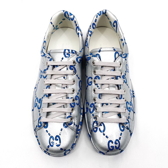 GUCCI Ace GG Coated Leather Sneakers Silver Mens - Picture 4 of 14